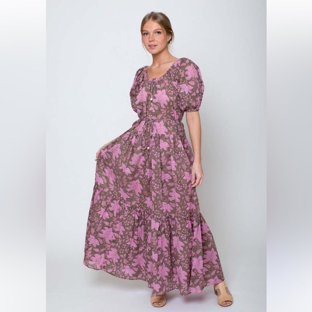 HANNAH artwear women’s pink dress boho Selene puff sleeve long maxi dress size 1